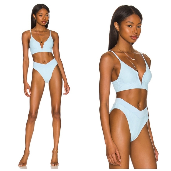 L*Space Siren Top Court Bottoms Bikini Set Pointelle Ribbed Sky Blue - Picture 2 of 10
